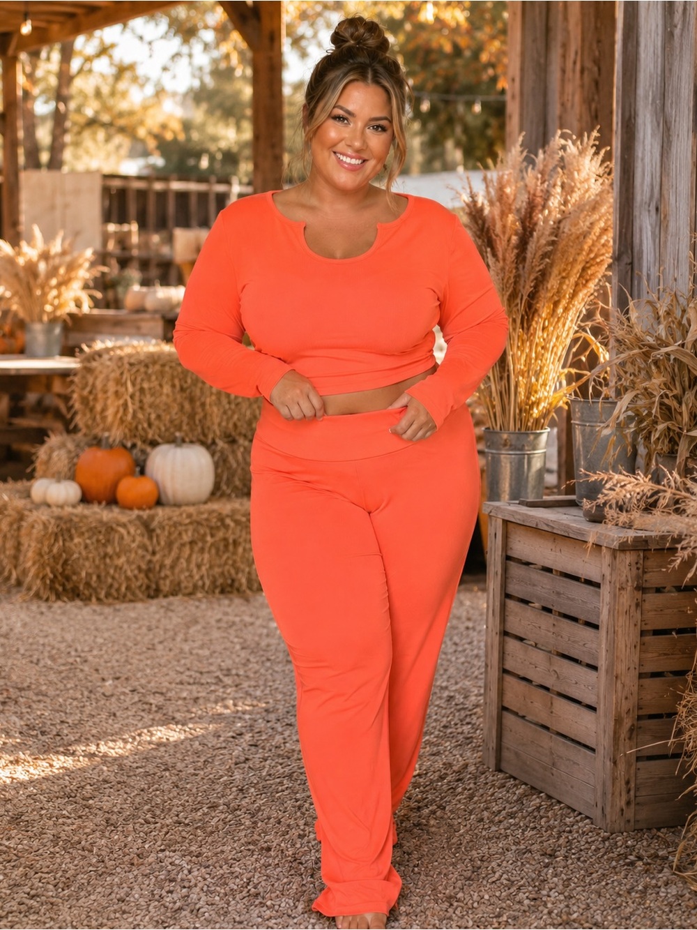 Deep Orange Ribbed 2 Piece Leggings Set 2X Fall Halloween Lounge